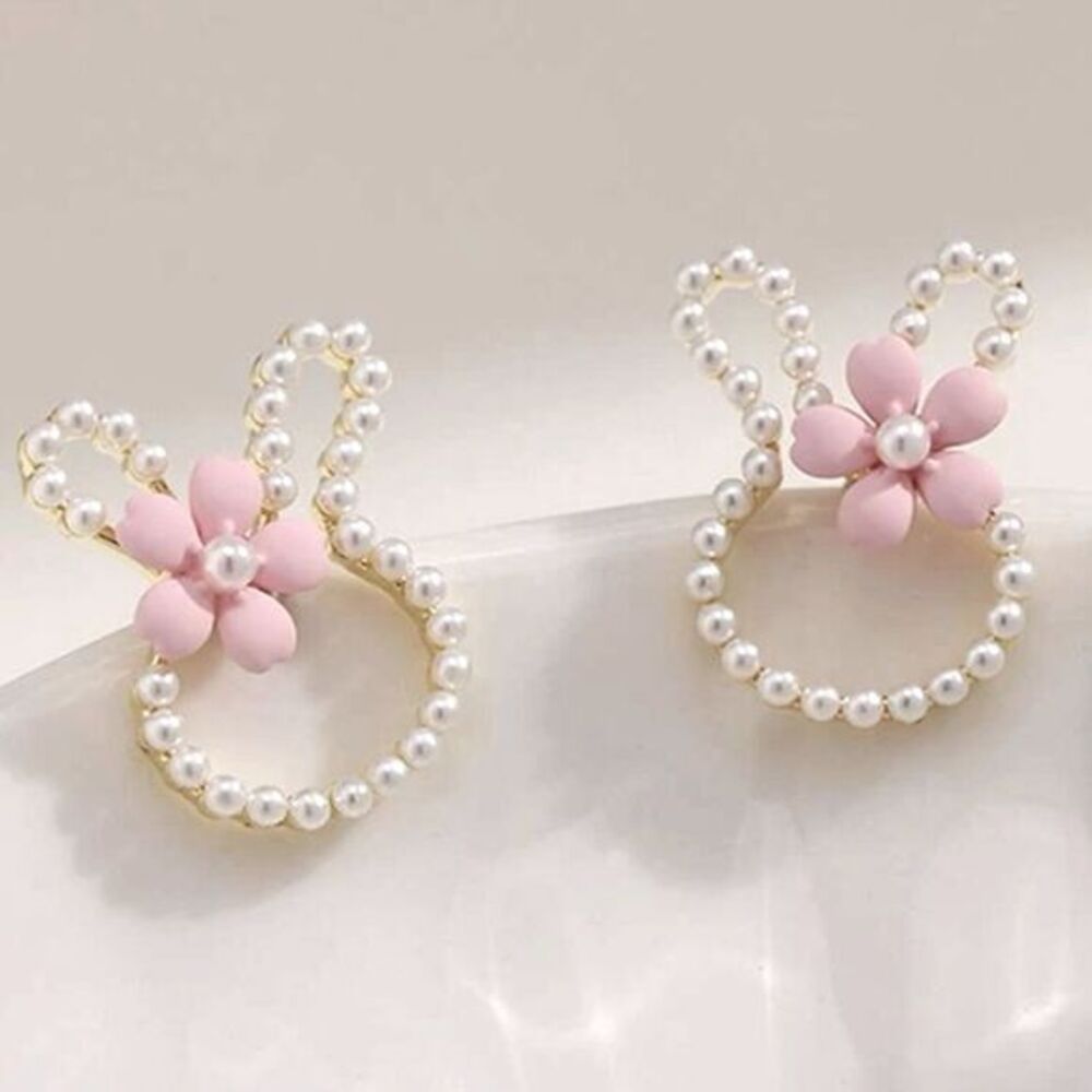 Easter Bunny Rabbit Spring Faux Pearl & Floral Stud Earrings